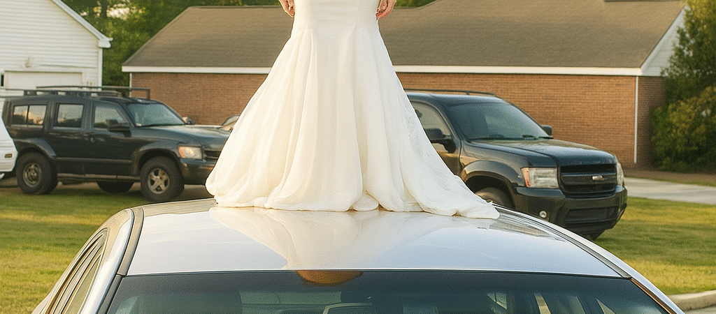 Eines Morgens trat ich vor die Tür und sah eine Frau im Hochzeitskleid auf dem Autodach meines Mannes stehen