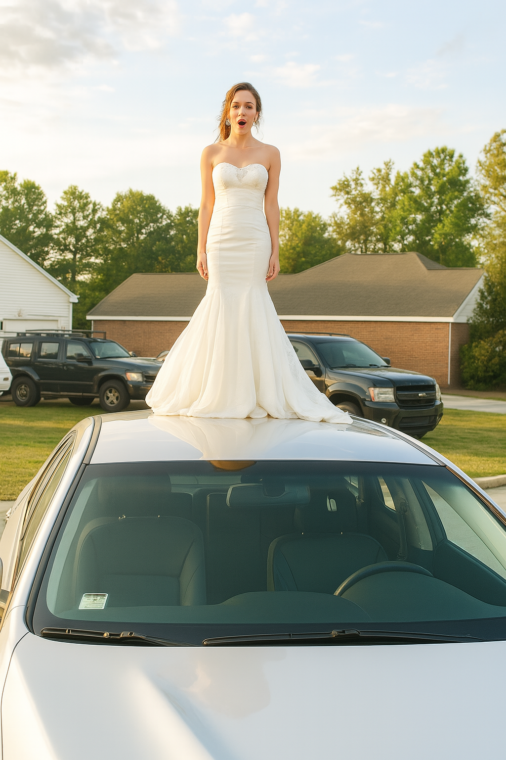 Eines Morgens trat ich vor die Tür und sah eine Frau im Hochzeitskleid auf dem Autodach meines Mannes stehen