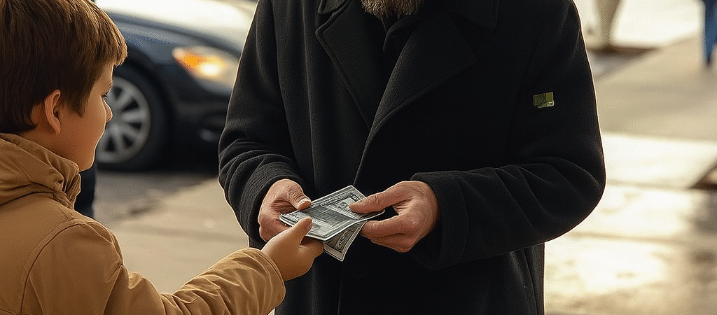 ICH SAH EINEN OBDACHLOSEN, WIE ER ZWEI TÜTEN GELD AN KINDER AUF DER STRASSE VERTEILTE – ICH RIEF SOFORT DIE POLIZEI