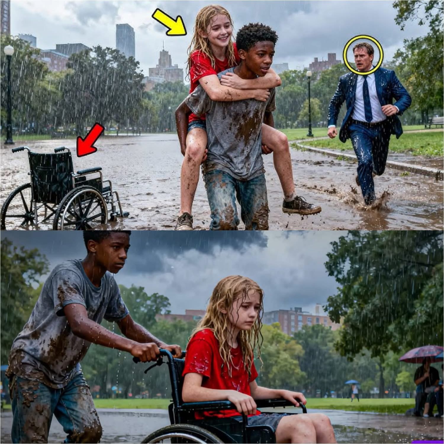 Die behinderte Tochter des Milliardärs steckte im Schlamm fest.