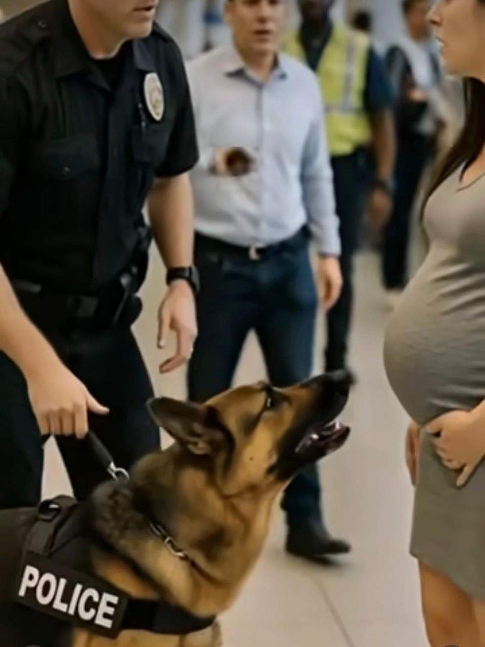 Ein Polizeihund begann, eine schwangere Frau intensiv anzufauchen und hinderte sie daran, am Flughafen weiterzugehen.