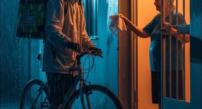 Niemand schaut einem Lieferfahrer an einem Regentag in die Augen.