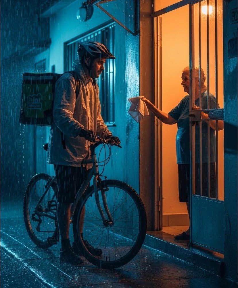 Niemand schaut einem Lieferfahrer an einem Regentag in die Augen.